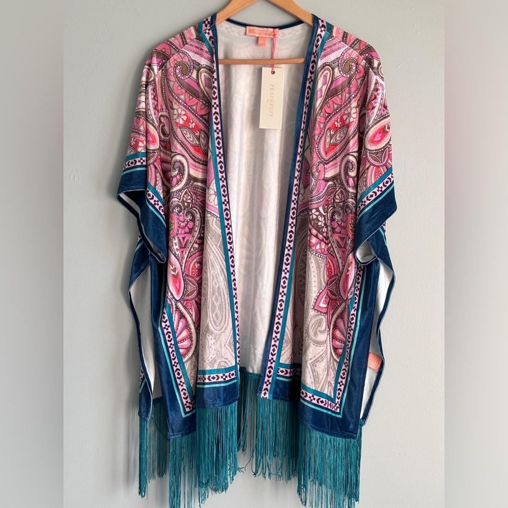 PEACH PUFF USA VELVET TEXTURE VELOUR KIMONO, CARDIGAN, JACKET